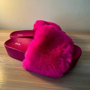 Pink Faux Fur Platform Sandals